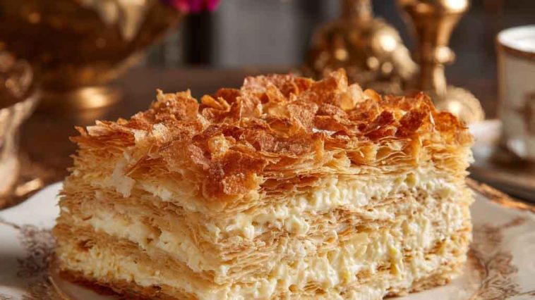 Russian Napoleon cake layered with flaky puff pastry and creamy custard filling, topped with powdered sugar and pastry crumbs.