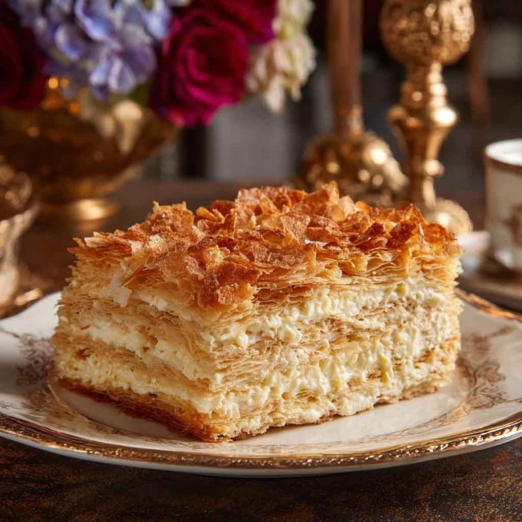 Russian Napoleon cake layered with flaky puff pastry and creamy custard filling, topped with powdered sugar and pastry crumbs.