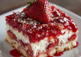 Strawberry earthquake cake with gooey cream cheese swirls and fresh strawberries on top.