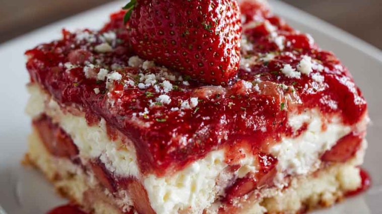 Strawberry earthquake cake with gooey cream cheese swirls and fresh strawberries on top.