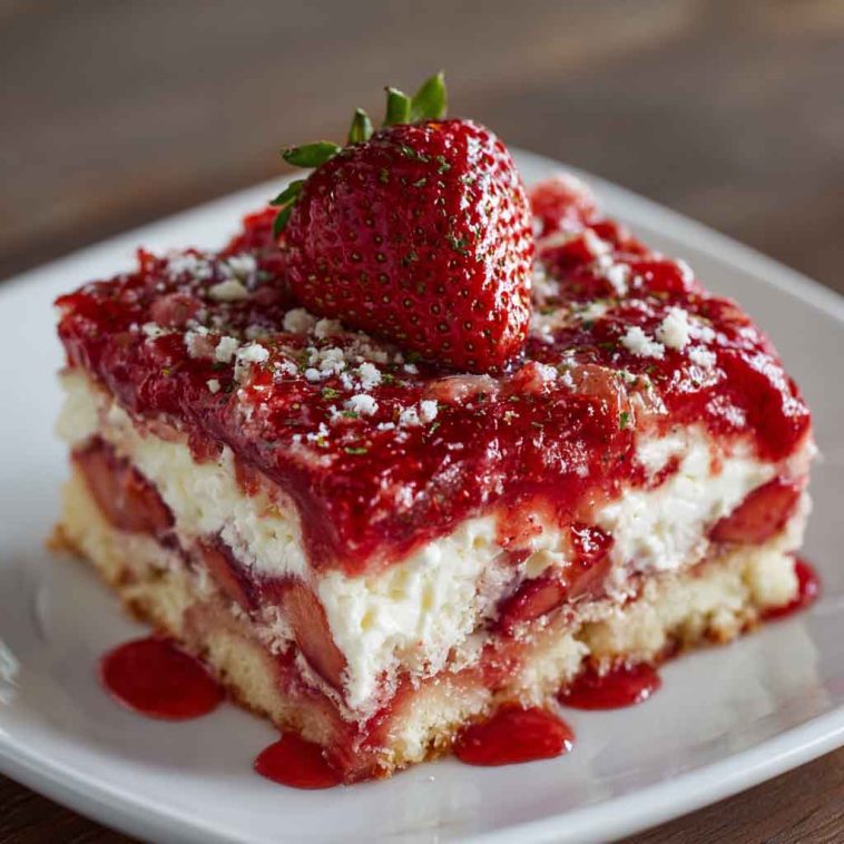 Strawberry earthquake cake with gooey cream cheese swirls and fresh strawberries on top.