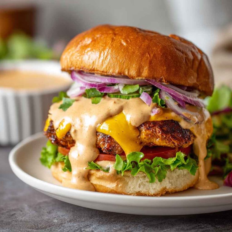Ultimate smash burger sauce served in a small bowl, creamy and tangy, with a spoon beside juicy smash burgers topped with lettuce, tomato, and cheese.