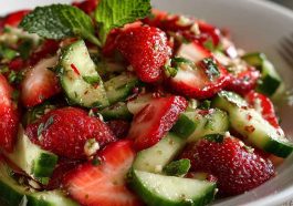 Cucumber Strawberry Salad with fresh sliced cucumbers, strawberries, red onion, and herbs in a light vinaigrette served in a bowl.
