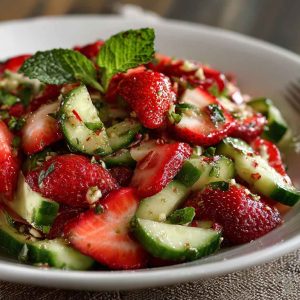 Cucumber Strawberry Salad with fresh sliced cucumbers, strawberries, red onion, and herbs in a light vinaigrette served in a bowl.