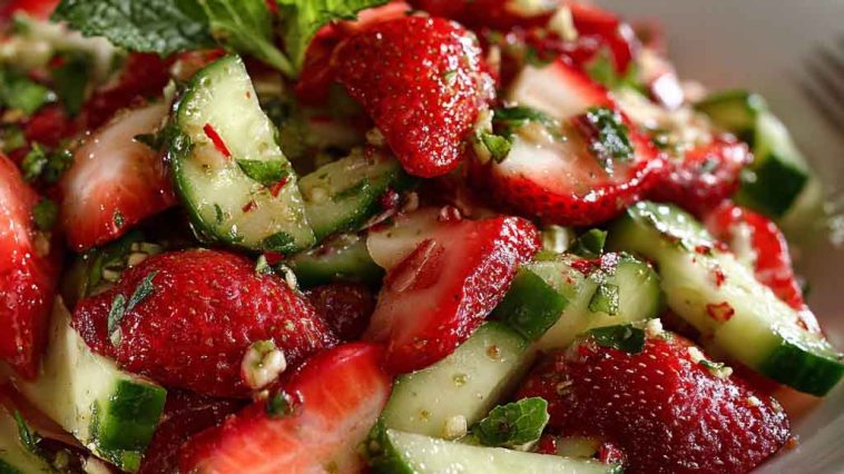 Cucumber Strawberry Salad with fresh sliced cucumbers, strawberries, red onion, and herbs in a light vinaigrette served in a bowl.