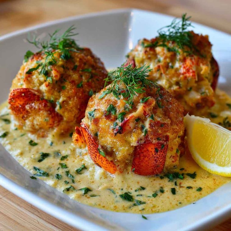 Golden lobster and crab butter bombs served on a platter, filled with rich seafood, garlic butter, and herbs, perfect for an elegant appetizer.