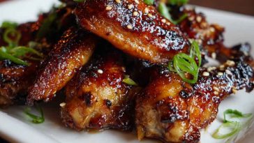 Sticky pineapple-teriyaki chicken wings glazed with sweet and savory sauce, garnished with sesame seeds and green onions, served on a rustic platter.