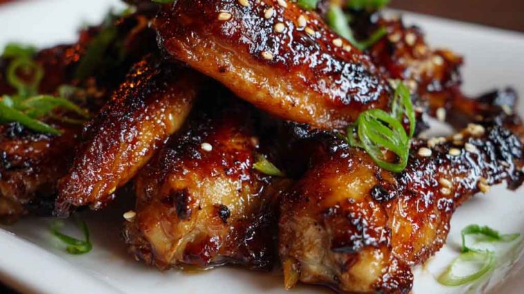 Sticky pineapple-teriyaki chicken wings glazed with sweet and savory sauce, garnished with sesame seeds and green onions, served on a rustic platter.