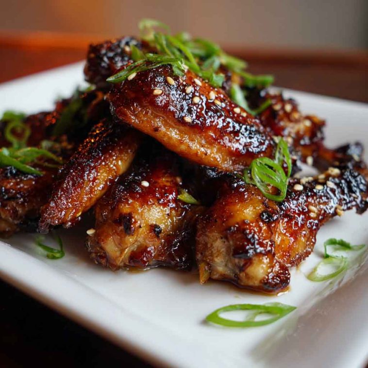 Sticky pineapple-teriyaki chicken wings glazed with sweet and savory sauce, garnished with sesame seeds and green onions, served on a rustic platter.