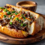 Spicy kimchi bulgogi cheesesteak served on a toasted hoagie roll, filled with marinated beef bulgogi, melted cheese, sautéed onions, and tangy kimchi, garnished with sesame seeds.