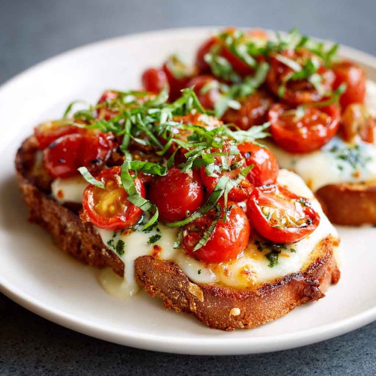Tomato basil mozzarella toast made with crusty bread topped with fresh mozzarella, ripe tomato slices, basil leaves, and a drizzle of olive oil, served golden and crisp.