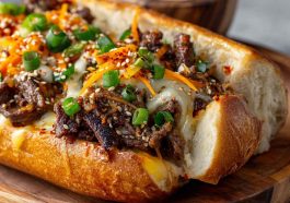 Spicy kimchi bulgogi cheesesteak served on a toasted hoagie roll, filled with marinated beef bulgogi, melted cheese, sautéed onions, and tangy kimchi, garnished with sesame seeds.