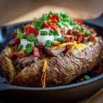 Loaded baked potato topped with juicy grilled steak slices, melted cheese, sour cream, crispy bacon bits, and fresh chives, served on a rustic plate.