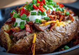 Loaded baked potato topped with juicy grilled steak slices, melted cheese, sour cream, crispy bacon bits, and fresh chives, served on a rustic plate.