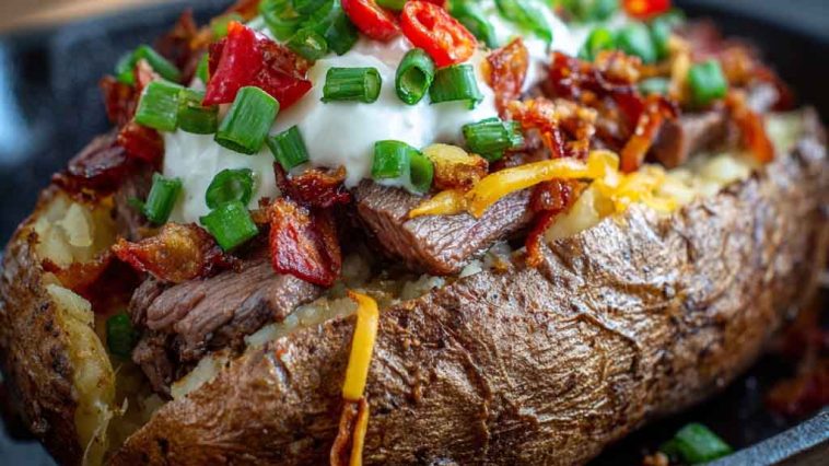 Loaded baked potato topped with juicy grilled steak slices, melted cheese, sour cream, crispy bacon bits, and fresh chives, served on a rustic plate.