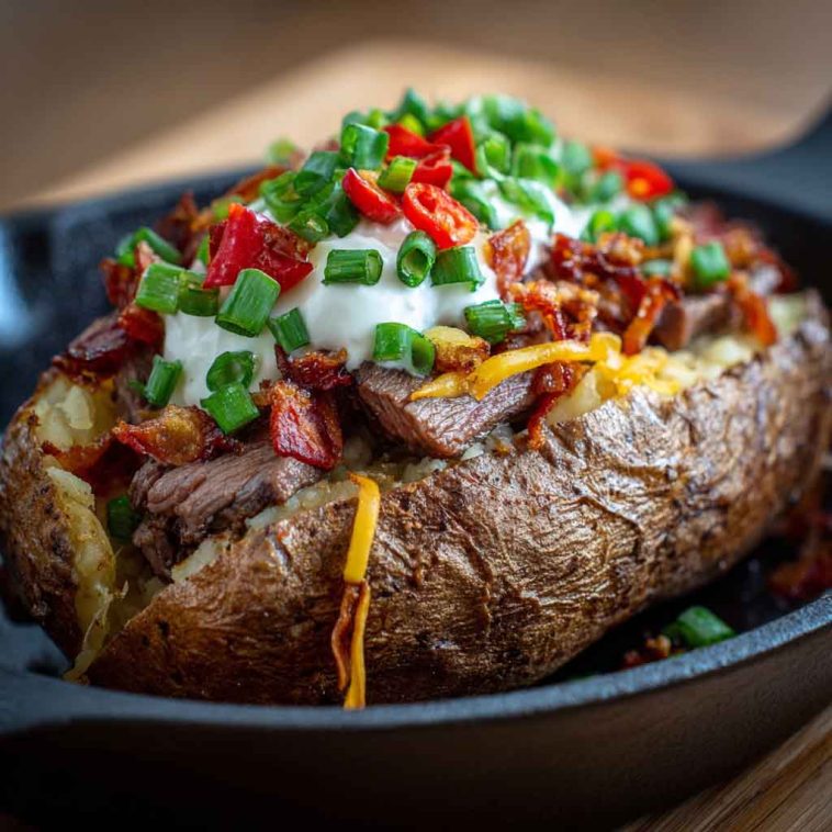 Loaded baked potato topped with juicy grilled steak slices, melted cheese, sour cream, crispy bacon bits, and fresh chives, served on a rustic plate.