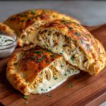 Crispy cheesy chicken Alfredo calzones baked golden brown, stuffed with creamy Alfredo sauce, tender chicken, and melted mozzarella, served with marinara dipping sauce.