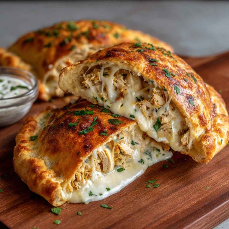 Crispy cheesy chicken Alfredo calzones baked golden brown, stuffed with creamy Alfredo sauce, tender chicken, and melted mozzarella, served with marinara dipping sauce.