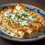 Chicken Enchiladas with Sour Cream White Sauce baked in a casserole dish, topped with melted cheese and fresh herbs.