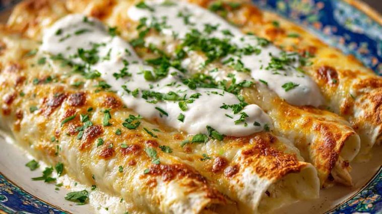 Chicken Enchiladas with Sour Cream White Sauce baked in a casserole dish, topped with melted cheese and fresh herbs.
