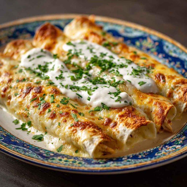 Chicken Enchiladas with Sour Cream White Sauce baked in a casserole dish, topped with melted cheese and fresh herbs.