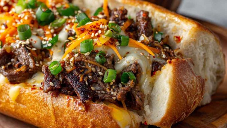 Spicy kimchi bulgogi cheesesteak served on a toasted hoagie roll, filled with marinated beef bulgogi, melted cheese, sautéed onions, and tangy kimchi, garnished with sesame seeds.