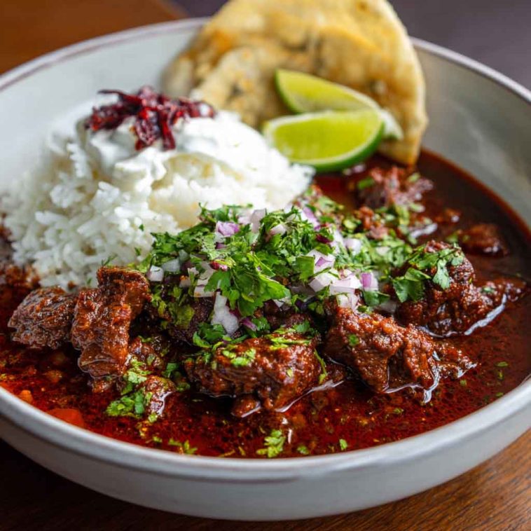 Beef chile colorado served in a rustic bowl with tender beef chunks simmered in a rich red chile sauce, garnished with cilantro and served alongside warm tortillas.