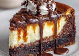 The best brownie cheesecake sliced on a plate, with fudgy brownie layers, creamy cheesecake filling, and a drizzle of chocolate ganache topped with whipped cream.