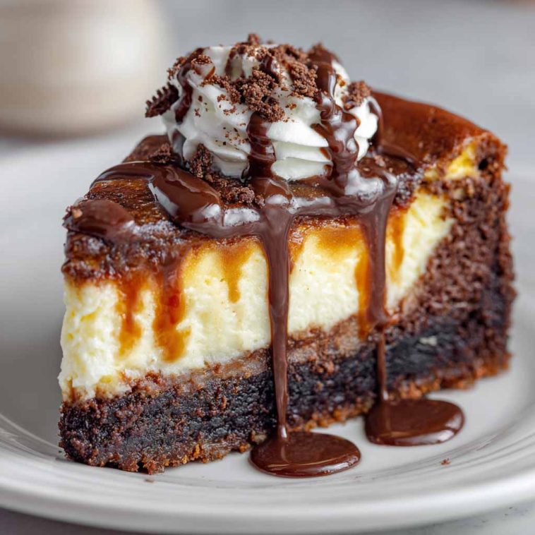 The best brownie cheesecake sliced on a plate, with fudgy brownie layers, creamy cheesecake filling, and a drizzle of chocolate ganache topped with whipped cream.