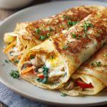 Thin golden crepes filled with scrambled eggs, cheese, and fresh herbs, folded and served as a savory breakfast dish.
