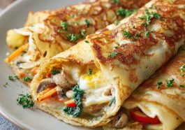 Thin golden crepes filled with scrambled eggs, cheese, and fresh herbs, folded and served as a savory breakfast dish.