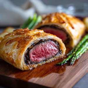 Golden brown Beef Wellington sliced to reveal tender beef fillet wrapped in puff pastry with mushroom duxelles