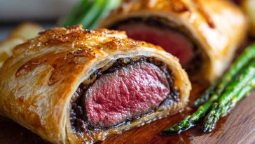 Golden brown Beef Wellington sliced to reveal tender beef fillet wrapped in puff pastry with mushroom duxelles
