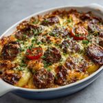 Golden pancake sausage casserole baked in a dish with fluffy layers of pancake, savory sausage, and melted cheese.