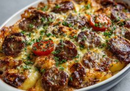 Golden pancake sausage casserole baked in a dish with fluffy layers of pancake, savory sausage, and melted cheese.