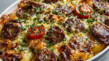 Golden pancake sausage casserole baked in a dish with fluffy layers of pancake, savory sausage, and melted cheese.