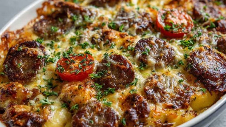 Golden pancake sausage casserole baked in a dish with fluffy layers of pancake, savory sausage, and melted cheese.