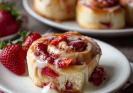 Strawberry Cheesecake Cinnabon Rolls topped with cream cheese frosting and fresh strawberry glaze, served on a dessert plate.