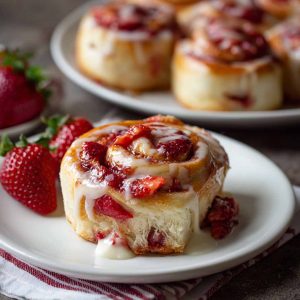 Strawberry Cheesecake Cinnabon Rolls topped with cream cheese frosting and fresh strawberry glaze, served on a dessert plate.