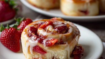 Strawberry Cheesecake Cinnabon Rolls topped with cream cheese frosting and fresh strawberry glaze, served on a dessert plate.