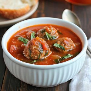 Hearty meatball tomato soup with tender beef meatballs, rich tomato broth, and fresh herbs served in a rustic bowl.