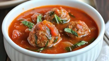 Hearty meatball tomato soup with tender beef meatballs, rich tomato broth, and fresh herbs served in a rustic bowl.