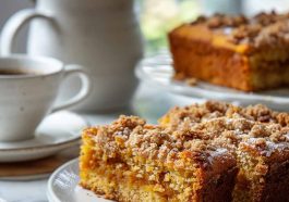 Freshly baked pumpkin spiced coffee cake with crumb topping on a plate