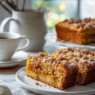 Freshly baked pumpkin spiced coffee cake with crumb topping on a plate