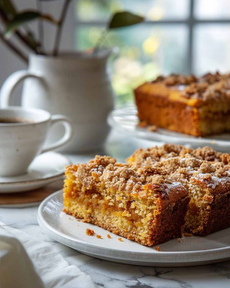 Freshly baked pumpkin spiced coffee cake with crumb topping on a plate