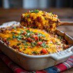 Cheesy crazy good casserole baked golden brown with layers of pasta, meat, and melted cheese served in a dish.