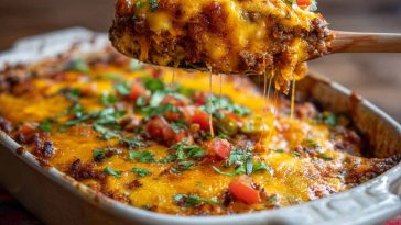 Cheesy crazy good casserole baked golden brown with layers of pasta, meat, and melted cheese served in a dish.