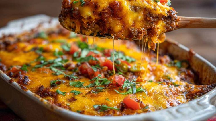 Cheesy crazy good casserole baked golden brown with layers of pasta, meat, and melted cheese served in a dish.