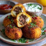 Spicy Garlic Beef Croquettes golden and crispy on the outside, served with a creamy dipping sauce and fresh herbs.