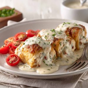 Golden chicken pillows filled with creamy cheese, topped with rich Parmesan sauce, served on a rustic plate with fresh herbs.